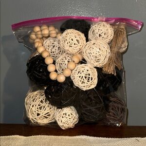 Natural Wood Bead and Rattan Ball Decorative Garland - Neutral